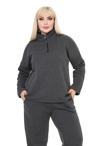 MELSAY Дамски комплект антрацит с три нишки с половин цип и голям размер