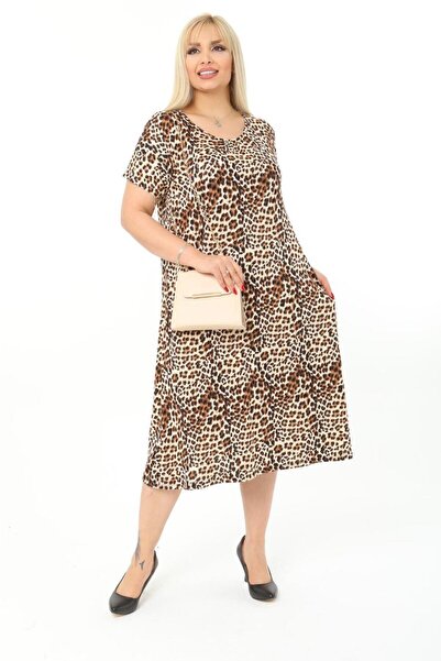 MELSAY Women's Large Size Leopard Pattern Standard Fit Viscose Dress 44-52 Size Range