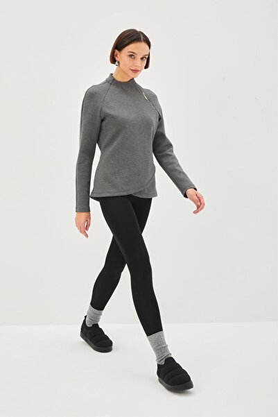 Allyco Scuba Fabric Stand Collar Λεπτομερές Anthracite Άνετο Πλεκτό Φούτερ με φερμουάρ