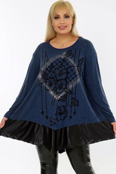 Kheos Round Neck Long Sleeve Blouse with Leather and Floral Stone Embroidery Skirt