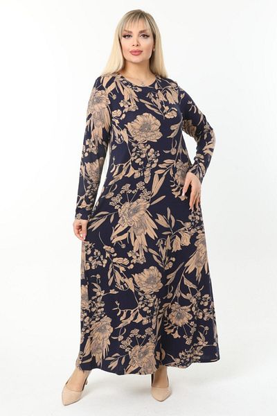 HERAXL Women's Navy Blue Mink Leaf Patterned Plus Size Viscose Long Dress with Ribbed Collar