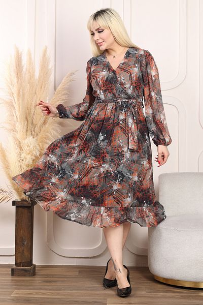 MELSAY Women's Plus Size Patterned Double Breasted Collar Long Sleeve Chiffon Dress