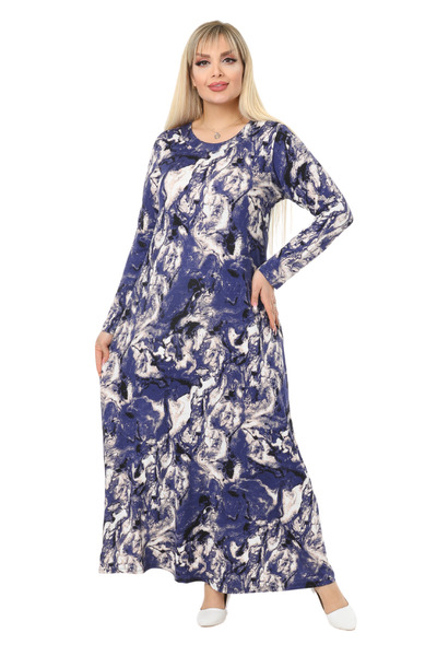 MELSAY Kadın Mavi Batik Desen Uzun Kol Viskon Tesettür Elbise