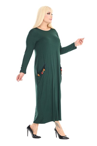 MELSAY Σμαραγδένιο Πράσινο Μακρύ Γυναικείο Φόρεμα με Φούντες Φούντες