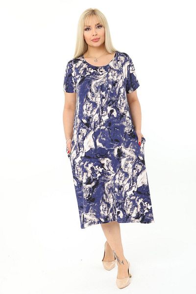 MELSAY Women's Short Sleeve Plus Size Blue Tie-Dye Pattern Standard Fit Viscose Dress 44-52 Size Range