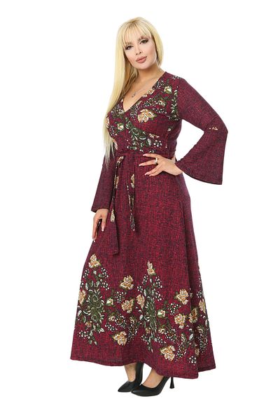 MELSAY Rochie lungă cu mânecă cu volan pentru femei, cu guler dublu, cu imprimeu floral burgundă