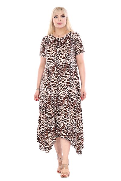 MELSAY Women's Beige Leopard Print Large Size Short Sleeve Asymmetrical Dress
