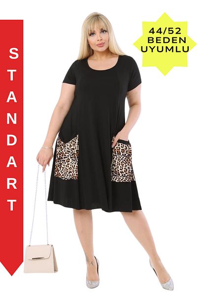 MELSAY Women's Short Sleeve Black Leopard Pattern Balloon Pocket Detailed Dress