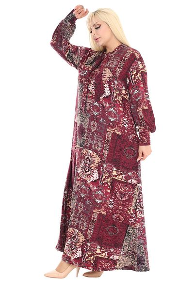 MELSAY Μπορντό Ethnic Print Hijab Φόρεμα - Μακρύ μανίκι και λαιμόκοψη