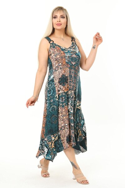 MELSAY Πράσινο γυναικείο φόρεμα με λουράκι με έθνικ σχέδιο