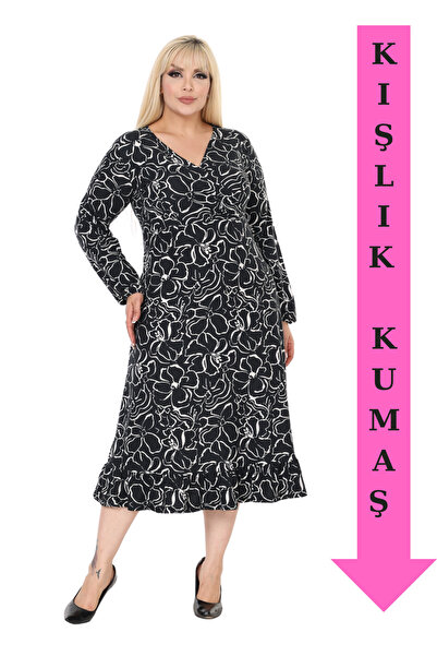 MELSAY Γυναικείο χειμωνιάτικο φόρεμα με βολάν με διπλό στήθος μαύρο φλοράλ στάμπα