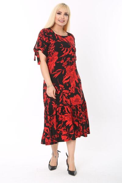 MELSAY Women's Plus Size Sleeves Rope Tie Red Leaf Pattern Dress
