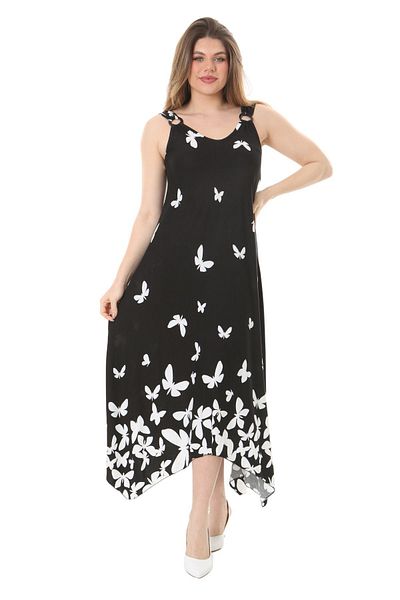 MELSAY Plus Size Women's Black Butterfly Patterned Strap Dress