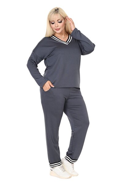 MELSAY Women's Anthracite Large Size Collar Stripe Detailed Long Sleeve Elastic Waist V-Neck Tracksuit Set