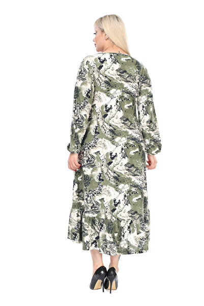 MELSAY Women's Winter V Neck Green Tie Dye Pattern Long Sleeve Robe Dress