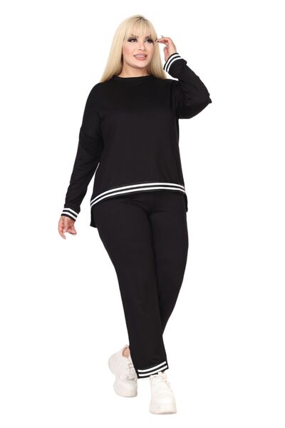 MELSAY Дамски черен анцуг с широки размери и раета с дълги ръкави и ластик на талията