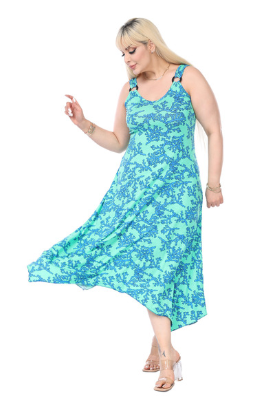 MELSAY Green Blue Coral Patterned - Women's Strap Dress with Buckle Detail