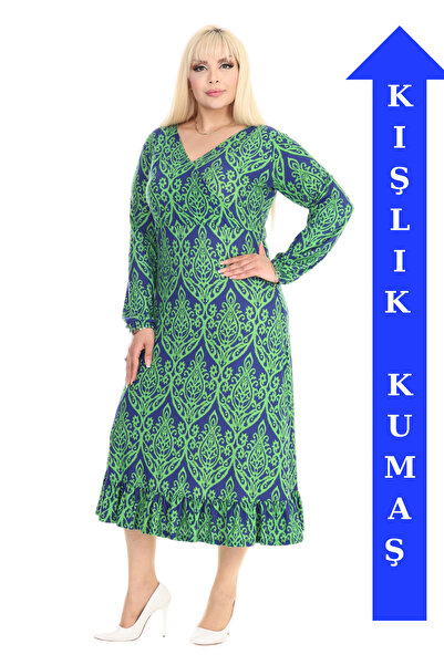 MELSAY Γυναικείο χειμωνιάτικο φόρεμα με διπλό γιακά με πράσινη δαντέλα με βολάν