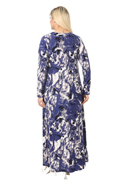 MELSAY Kadın Mavi Batik Desen Uzun Kol Viskon Tesettür Elbise