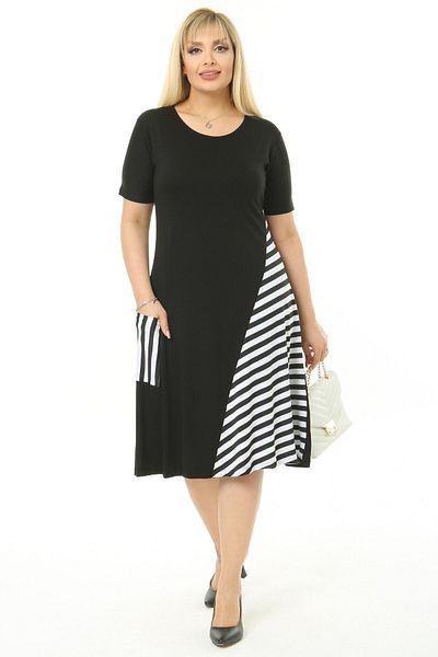 MELSAY Rochie midi detaliată pentru femei, cu mânecă scurtă, cu model linie neagră, de dimensiuni mari