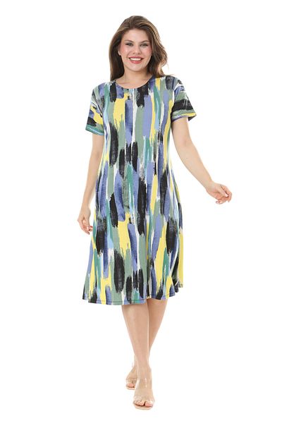 MELSAY Rochie midi de damă, cu mâneci scurte, cu pictură în ulei, cu model