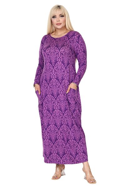 MELSAY Plus Size - Μωβ Δαντελένιο Μακρυμάνικο Φόρεμα με τσέπες
