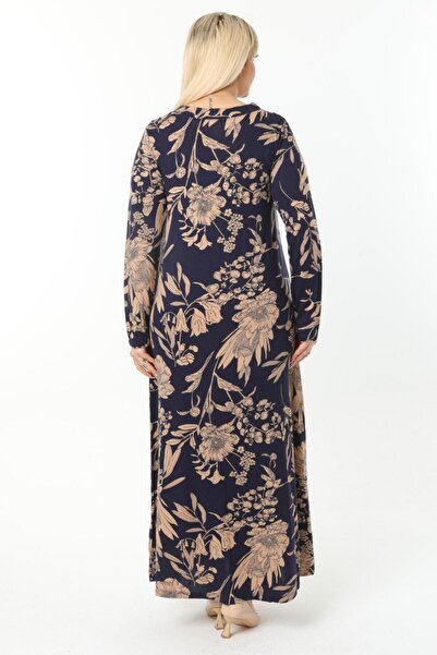 HERAXL Women's Navy Blue Mink Leaf Patterned Plus Size Viscose Long Dress with Ribbed Collar