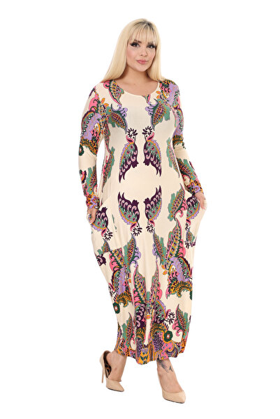 MELSAY Γυναικείο μακρυμάνικο φόρεμα με μπεζ σχέδιο με τσέπες