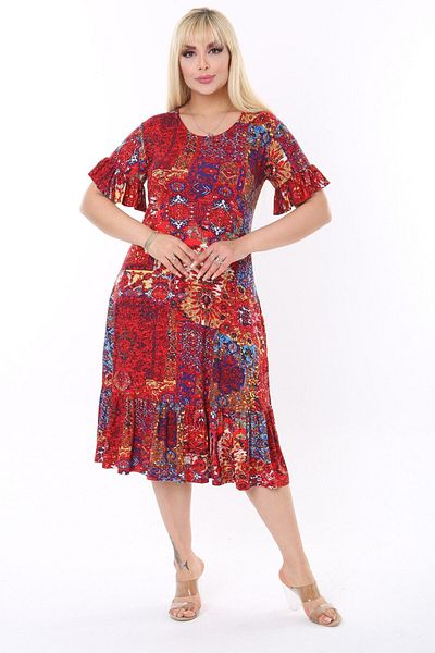 MELSAY Women's Red Ethnic Pattern Pocket Dress with Frilly Sleeves and Skirt