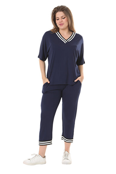 MELSAY Дамски тъмносин комплект капри с ластична талия и райе с V-образно деколте