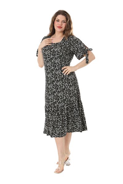 MELSAY Μεγάλο μέγεθος Lace Up Μαύρο Midi Φόρεμα - Floral Pattern
