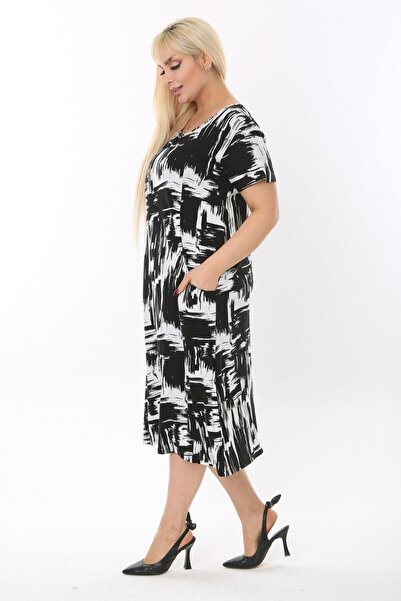 MELSAY Γυναικείο φόρεμα τσέπης με κοντομάνικο μαύρο πινέλο με κοντό μανίκι