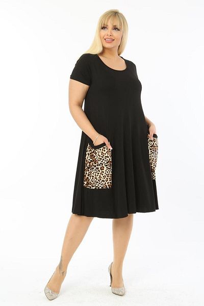 MELSAY Women's Short Sleeve Black Leopard Pattern Balloon Pocket Detailed Dress