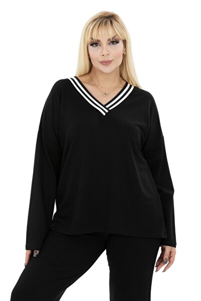 MELSAY Дамски черен анцуг с голям размер яка и райе с дълъг ръкав и еластична талия с V-образно деколте