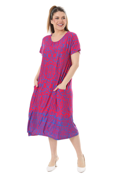 MELSAY Women's Large Size Fuchsia Rug Pattern Standard Fit Viscose Dress 44-52 Size Range