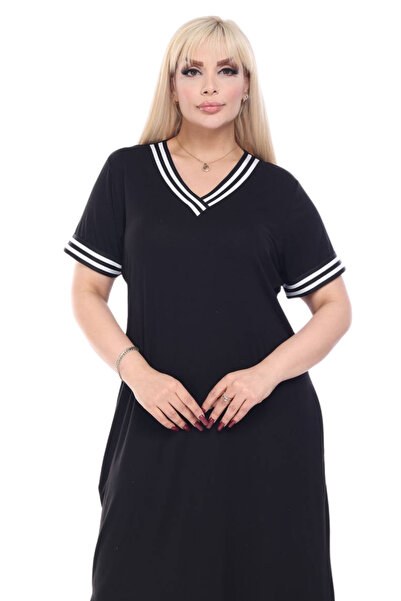 MELSAY Γυναικείο φόρεμα βισκόζης μεγάλου μεγέθους με κοντομάνικο μαύρο γιακά με ριγέ V λαιμόκοψη