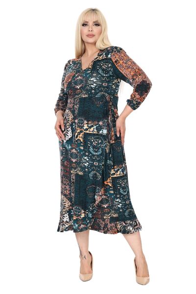 MELSAY Green Ethnic Patterned Double Breasted Collar Plus Size Midi Dress - Long Sleeve