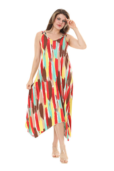 MELSAY Women's Yellow Oil Painting Pattern Buckle Detailed Strappy Dress