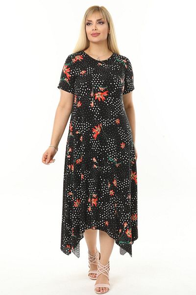 HERAXL Asymmetrical Cut Orange Lily Pattern Dress