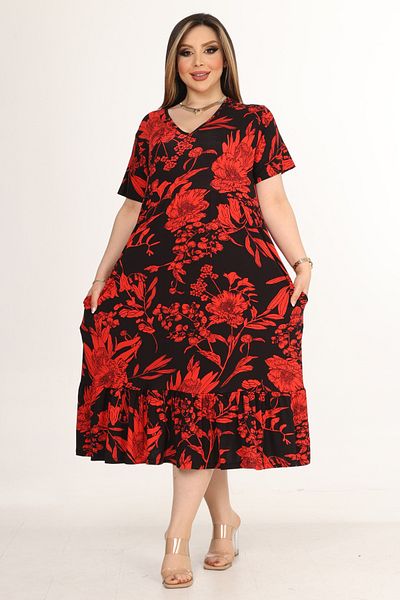MELSAY Women's Red Palm Pattern Short Sleeve Ruffle Robe Dress