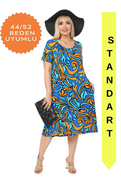 MELSAY Women's Plus Size Turquoise Pattern Standard Fit Viscose Dress 44-52 Size Range