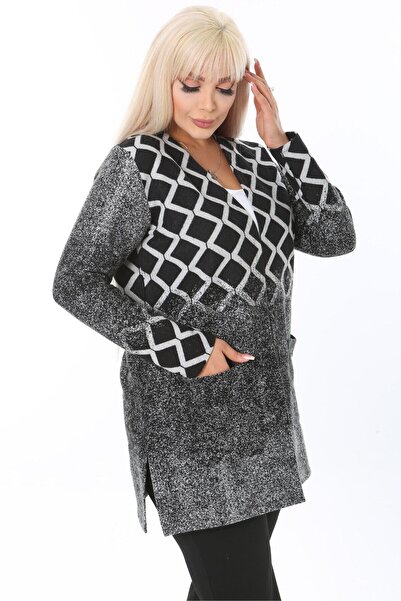 MELSAY Plus Size Gray Diamond Pattern Interlock Knitted Short Cardigan
