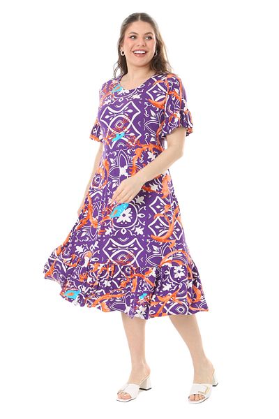 MELSAY Women's Short Sleeve Skirt Frilly Purple Retro Pattern Large Size Dress