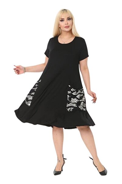 MELSAY Plus Size Black Wavy Pattern Balloon Pocket Detailed Dress