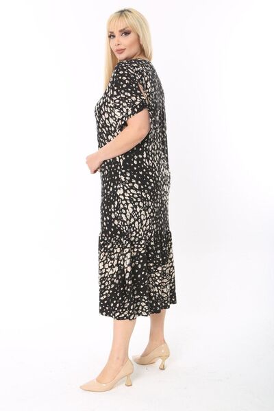 MELSAY Women's Plus Size Sleeves Rope Tie Black Pebble Pattern Dress