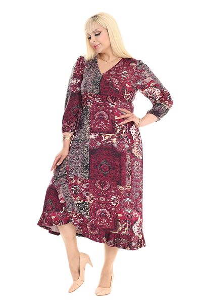 MELSAY Rochie midi cu guler dublu cu imprimeu etnic burgundy - Maneca lunga, Plus Size