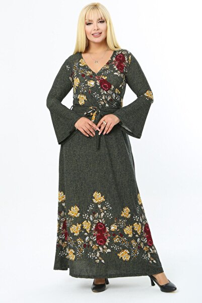 MELSAY Women's Plus Size Crepe Double Breasted Collar Green Flower Pattern Flywheel Sleeve Long Dress