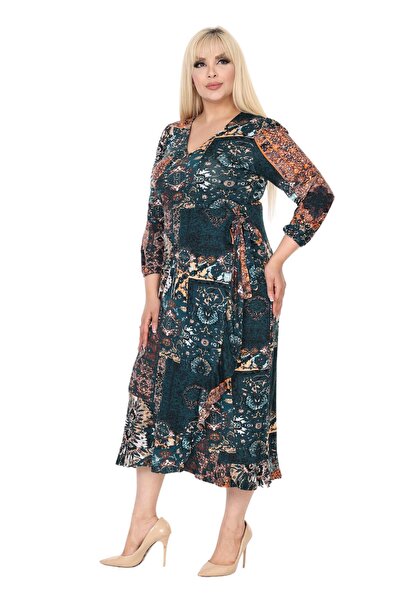 MELSAY Green Ethnic Patterned Double Breasted Collar Plus Size Midi Dress - Long Sleeve