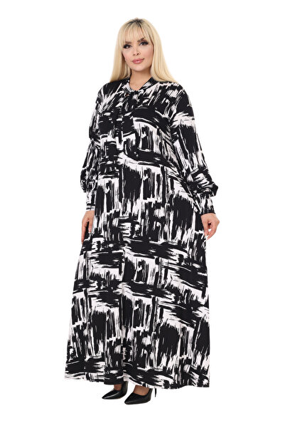 MELSAY Women's Black Long Sleeve Halter Neck Brush Pattern Hijab Dress