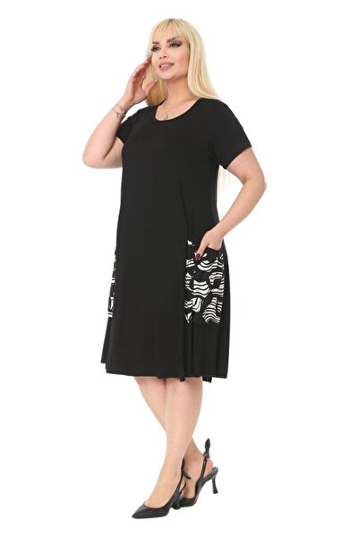 MELSAY Plus Size Black Wavy Pattern Balloon Pocket Detailed Dress